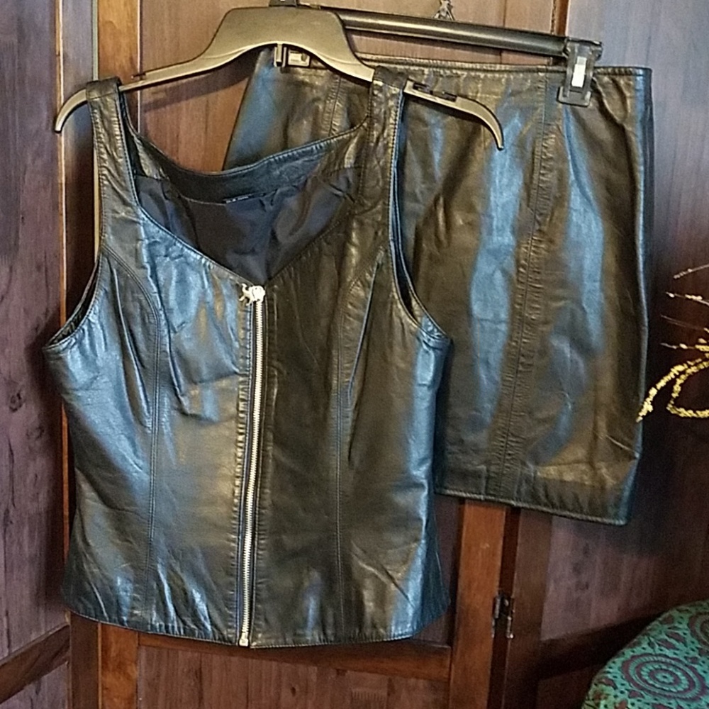 Genuine leather biker vest and mini skirt Size M